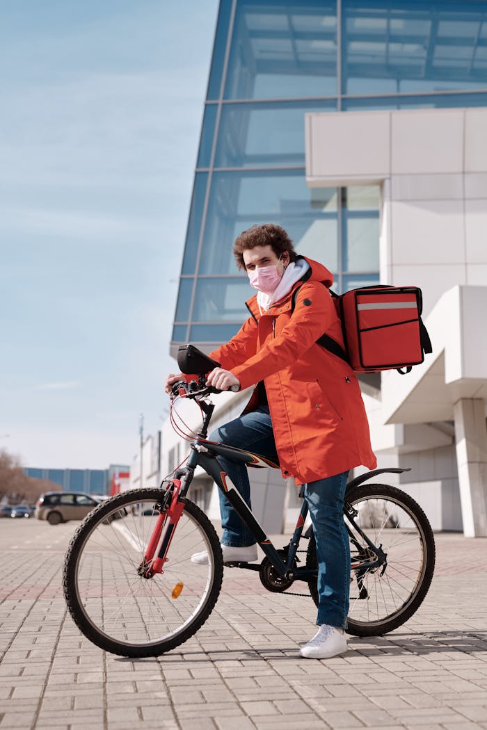 Male delivery cyclist in city wearing face mask and orange coat